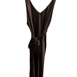 Wildfang Brown V-Neck Midi Dress with Waist Tie